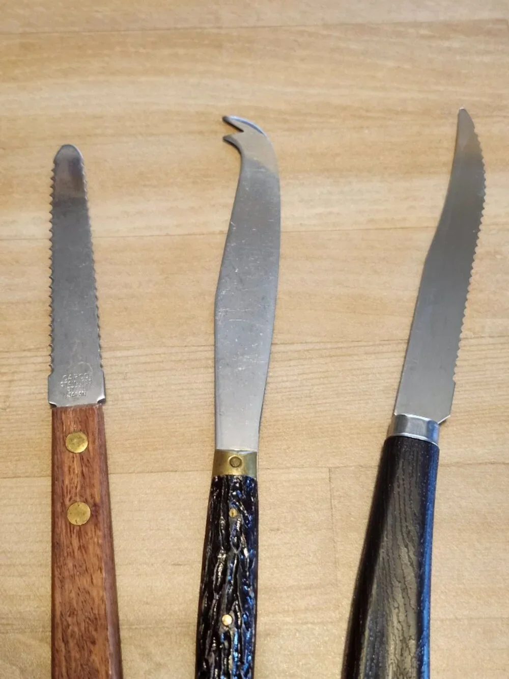 Lot of 3 Vintage Serrated Knives Quikut, Wood Handle, Antler Cheese Knife